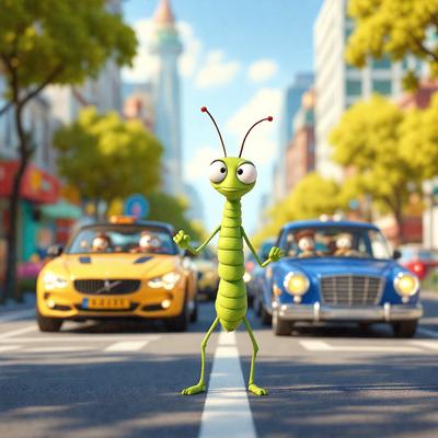 The primary subject of the image is a green insect, possibly a grasshopper, standing in the middle of a city street. The setting is a busy city environment with cars and other vehicles driving by. The visual style appears to be a digital art or illustration, as the insect is depicted in a cartoon-like manner. The colors and mood of the image are lively and energetic, with the green insect as the focal point amidst the bustling cityscape.